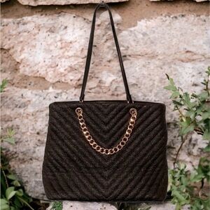 Pinkstix Soft Black Straw Look Woven Shoulder Bag with Gold Chain Vegan Leather